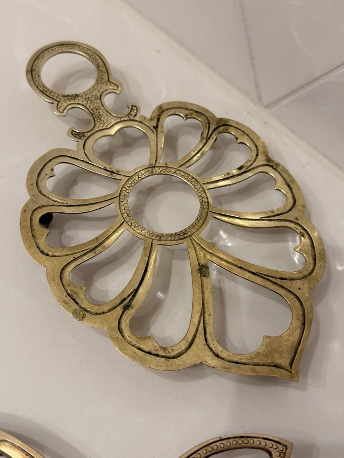 Vintage Brass Trivet Lot of 3 Heart Dragon Floral Round Footed Kitchen Decor image 4