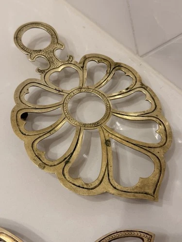 Vintage Brass Trivet Lot of 3 Heart Dragon Floral Round Footed Kitchen Decor image 4