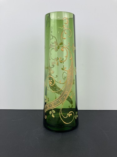 RARE ANTIQUE BOHEMIAN EMERALD GREEN VASE HAND PAINTED GOLD DECORATION/ VERY NICE