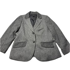 Talbots Women Sz 12 Gray Herringbone Wool Blend Blazer Mixed Fabrics Elbow Patch