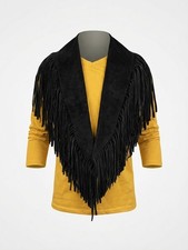 Women Black Suede Leather Fringe Vest Western Cowboy Cowgirl Vintage Fringe Wais
