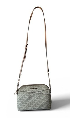 Michael Kors-Beige Brown Logo Crossbody Bag Gold Tone Chain Accent Zip Fair Cond
