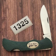 Sabre Lockback Folding Pocket Knife Green Handle Fish Badge