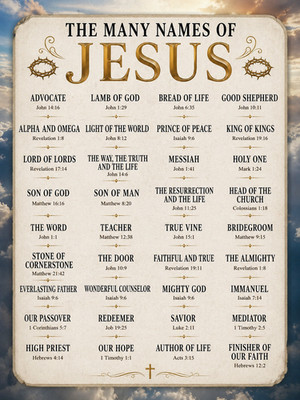 Die vielen Namen Jesu christlich religiös Poster Druck gerahmt Leinwand Wandbild
