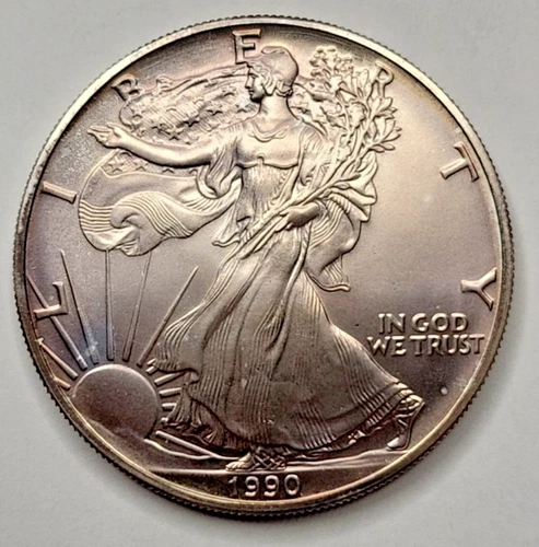 1990 Walking Liberty Silver Dollar 1 Oz. Fine Silver In Case -Pink Hue #W35L
