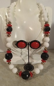 Vintage White Black Red Beaded 25" Necklace Pierced Earrings Set