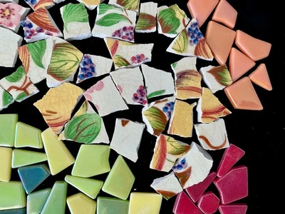 Broken China Mosaic Tiles & Glass Tiles Fruits, Green, Yellow Orange Red  80 pcs - Image 1 of 4