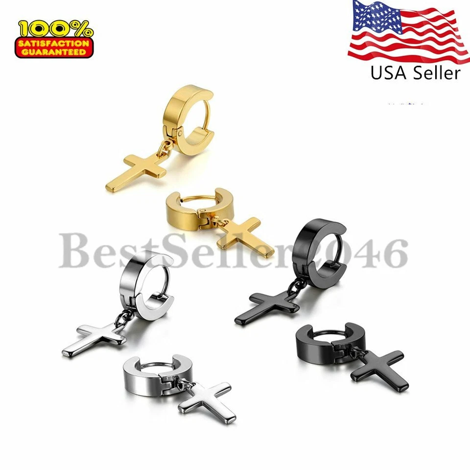 Pendientes de aro con bisagras Huggie colgantes cruzados de acero inoxidable 2 piezas para hombres y mujeres Foto 2 de 4