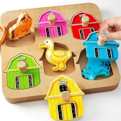 Wooden Puzzles for Toddlers 1-3 Farm Animal Peg Puzzles Preschool Learning A...