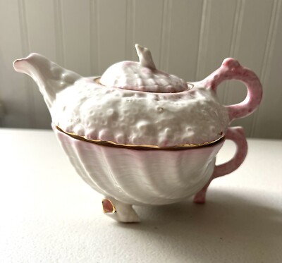Belleek China Neptune Seashells Pink Tea for One Teapot Cup Ireland