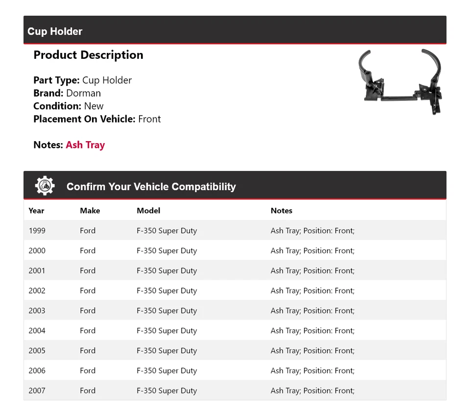Portavasos delantero para Ford F-350 Super Duty Dorman 1999-2007 2000 2001 2002 2003 Foto 2 de 4