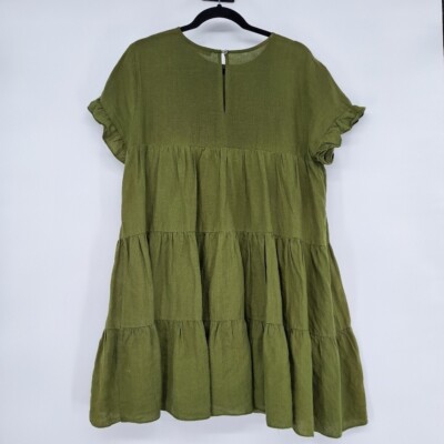 Karlie Ramie Linen Blend Moss Green Tier Babydoll Dress Size Large
