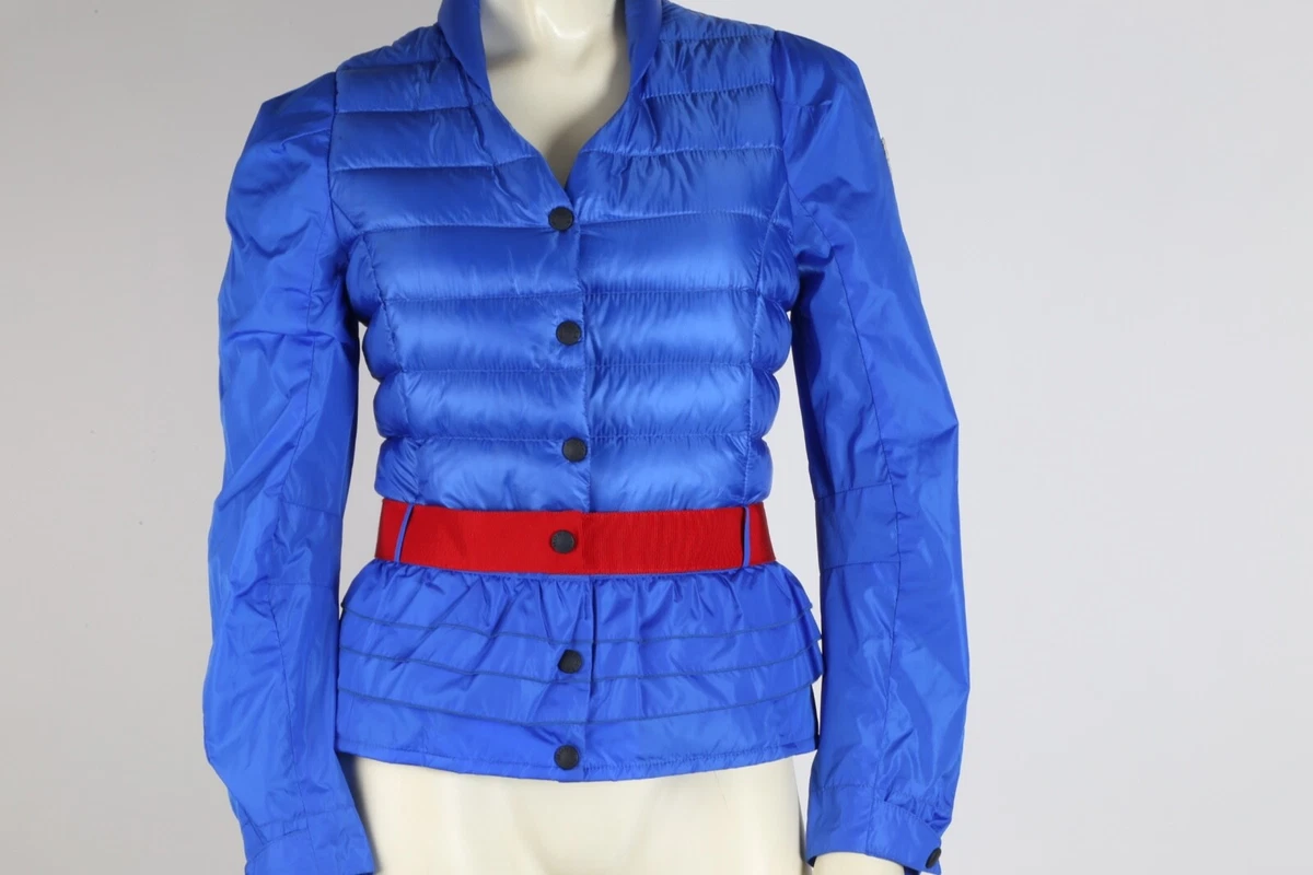 MONCLER Blue Red Belted Nylon Short Down Peplum Puffer Jacket Size