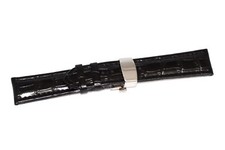 Genuine Leather Crocodile Glossy Black Watch Band Stainless Butterfly Buckle