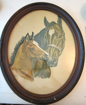 Vintage Ole Larsen Mare and Foal  Lithography 22''x18'' Vintage Oval Wood Frame