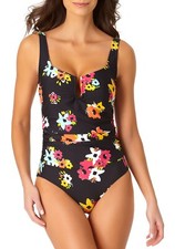 New ANNE COLE Size 6 Black Floral Print One-Piece Swimsuit Bathing Suit