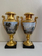 Antique French Empire Old Paris Porcelain Pair of Large Urns Vases Landscape Dec