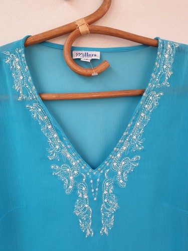 Lds MILLERS Aqua sheer embroidered boho hippy kaftan 3/4 bell sleeved top 18 - Foto 4 di 9