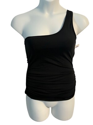 One Shoulder Black Ruched Tankini Top Swim Tank Baleaf Size 36 Beach Pool New