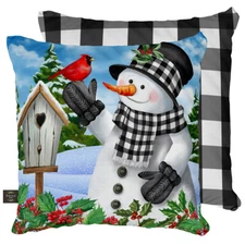 Checkered Snowman Winter Decorative Pillow Cardinal Pair Indoor Outdoor 17"x17"