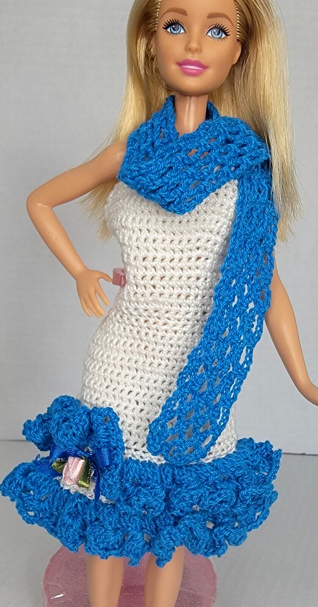 Crochet Dress Barbie Doll Size, Vintage - New - Blue & White
