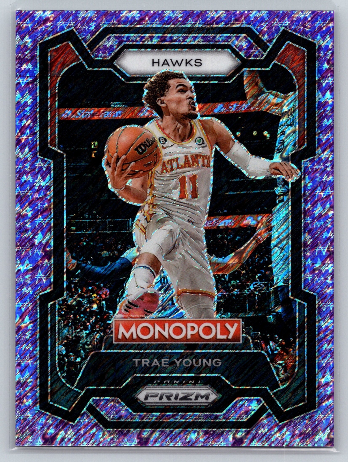 2023-24 Panini Prizm Monopoly #4 Trae Young Purple Millionaire Shimmer #/50