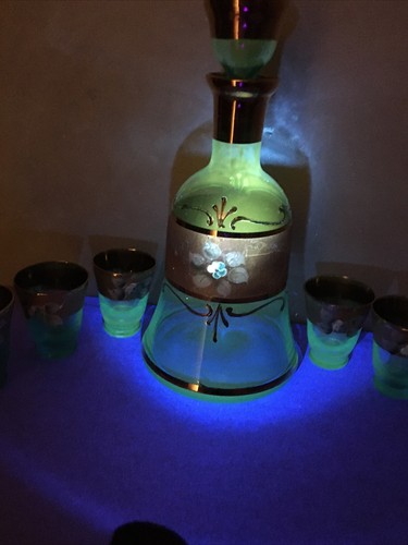 Vtg Blue Gold Italian Enamel Hand Painted Art Glass Decanter Set 6 shot glasses - Picture 22 of 24