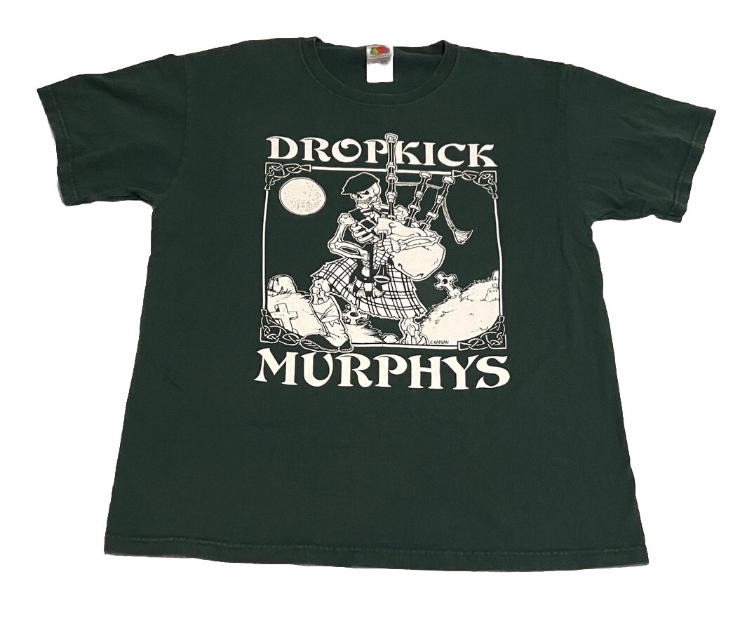 Vintage Dropkick Murphys Skeleton Bagpipes Green Irish T-Shirt
