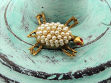 Vintage Sea Turtle Brooch Pin w Red Eyes Faux Pearls On Shell Detailed