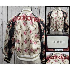 Gucci Bomber Jacket Size 40 Cream Floral Guccification Sequin Silk Satin Raglan