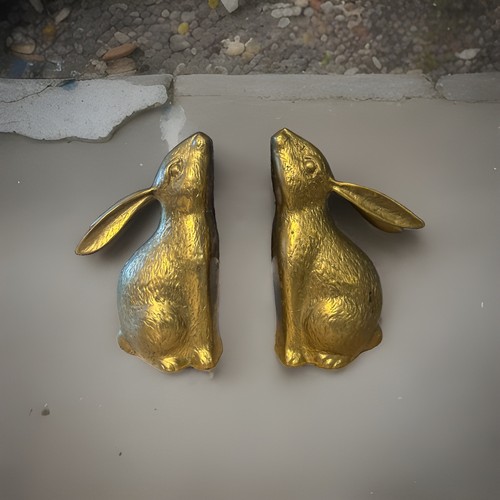 Vintage Brass Bunny Rabbit Bookends Pair MCM Cottagecore Farmhouse Heavy