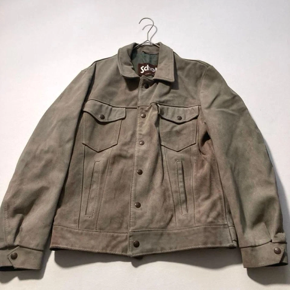 Schott Suede Leather Trucker Jacket Size 38 Khaki Brown Button USA Fashion Used - Image 3 of 4