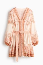 H&M Women Loose-Fit Boho Paisley Tie-Belt Dress V-Neck Long Sleeve Mini DRESS
