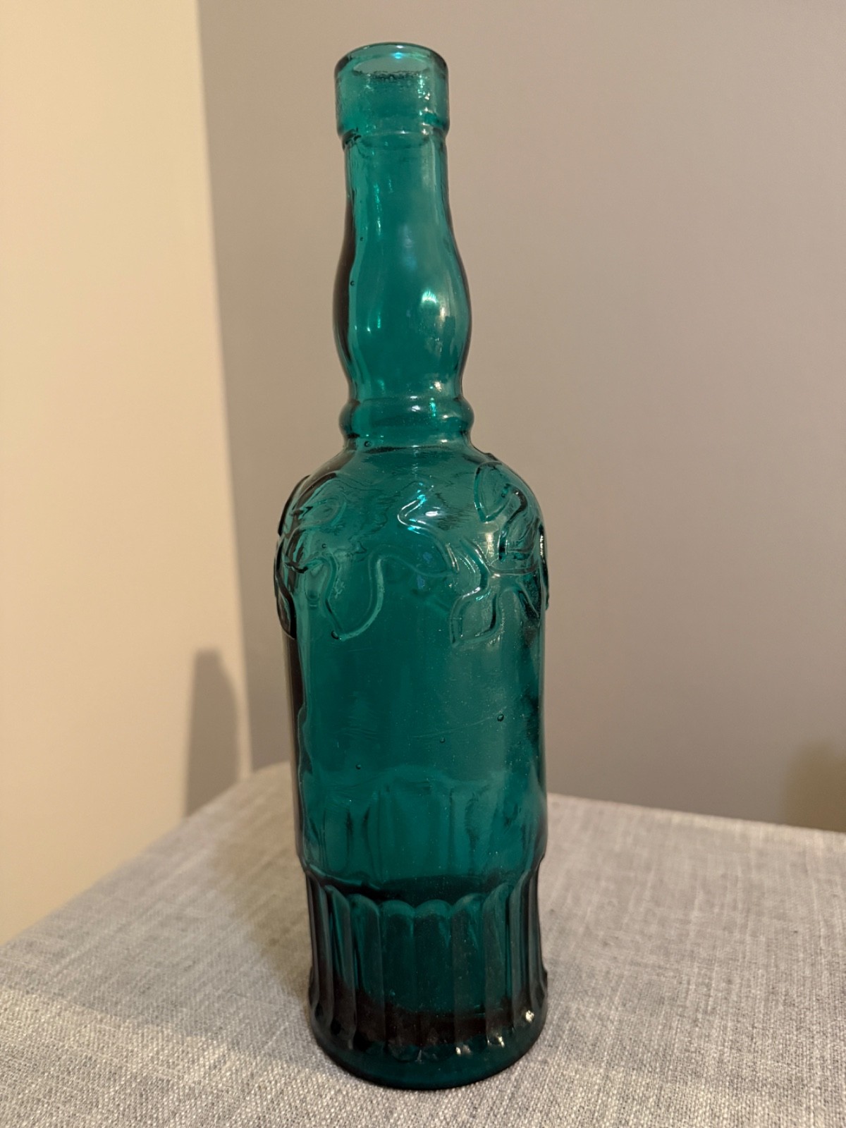 Vintage 11" Tall Decorative Embossed Teal Green Bottle D&eacute;co