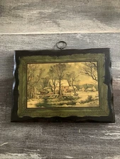 VTG Folk Art Varnished Lithograph 6x8” Wood Plaque Currier And Ives Winter Scene