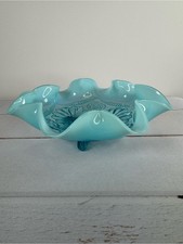 Antique Dugan Glass "Flowers and Frames" Blue Opalescent Footed Ruffled Bowl