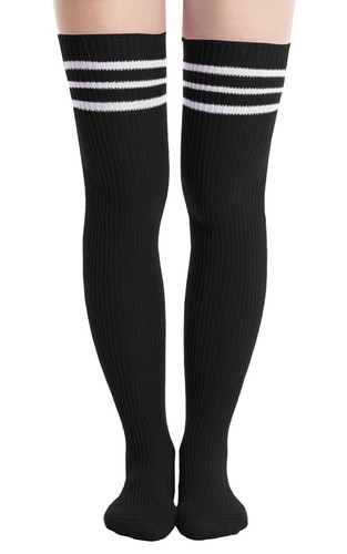 Abodhu Womens Thigh High Socks Extra Long, One Size, Black, White Stripes - Picture 1 of 7