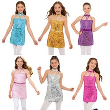 Girls Hip Hop Glittery Jazz Dance Ballet Sequin Dress Stage Sparkly Cha-Cha