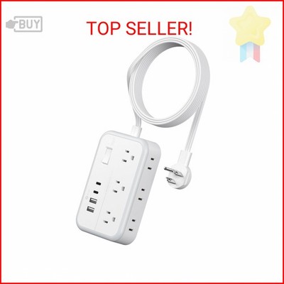 Power Strip 10 ft, Flat Plug Extension Cord with 6 Outlets 4 USB Ports, Outlet E