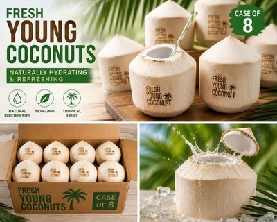 Fresh Young Coconut Box Case of 8 Hydrating Electrolyte TROPICAL FRUIT NON-GMO