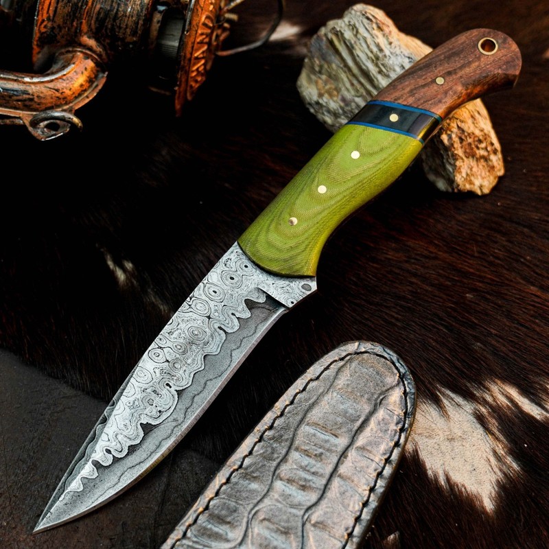 8.7" D2  EDC Damascus Hunting Fix Blade Knife Full Tang Hybrid Handle + Sheath