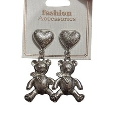 Teddy Bear Heart Chain Silver Tone Fashion Earrings 2.5in Valentines Women s