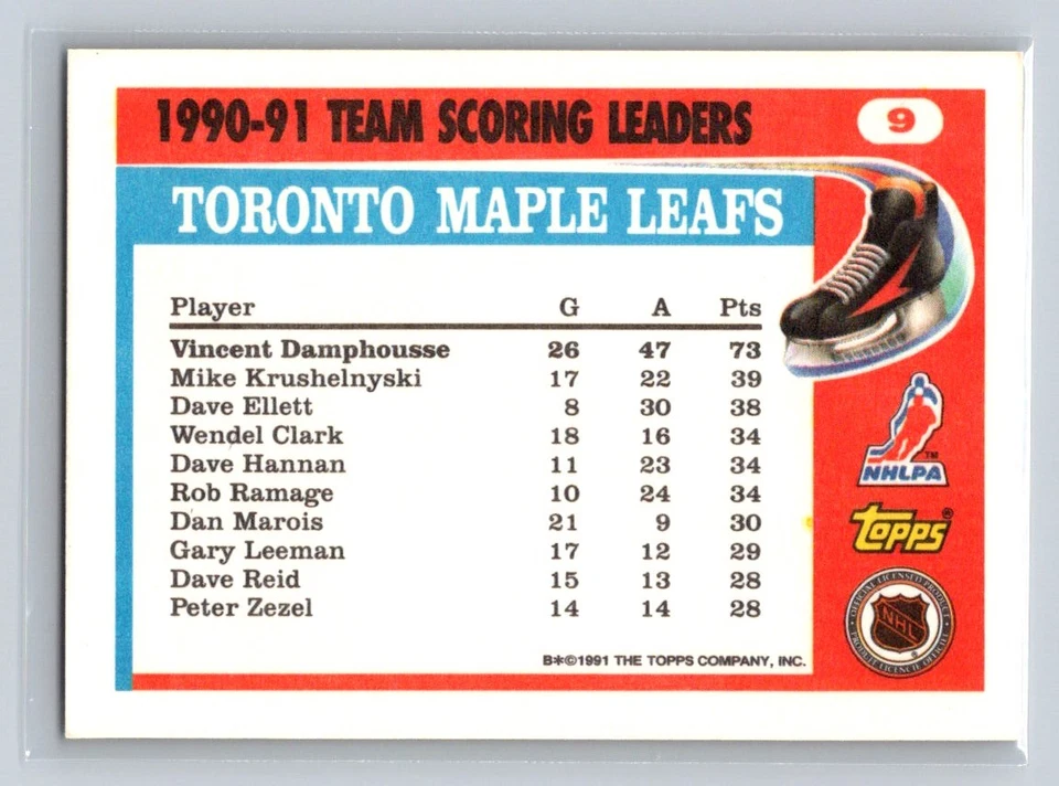 1991-92 Topps #9 Vincent Damphousse Toronto Maple Leafs - Image 2 of 2