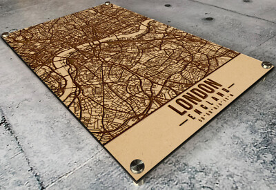 Laser Engraved London Map Etched on 1/2'' LON Wood City Street Home Decor England