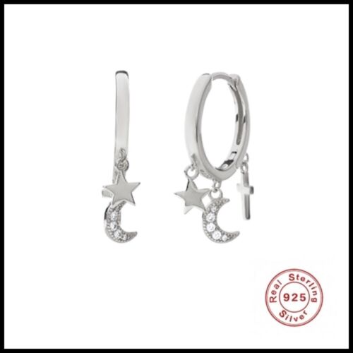 PENDIENTES MUJER NIÑA UNISEX PLATA 925 ARO ESTRELLA CRUZ LUNA PIERCING 2 PIEZAS - Imagen 10 de 12