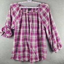 Lane Bryant Woman Pullover Country Roll Tab Slv Top 18/20W Purple Plaid Buttons