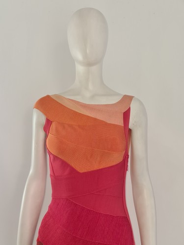 HERVE LEGER (S) Orange & Red Bandage Dress UK 8 10 EU 36 38 Wiggle Pencil - Picture 8 of 12