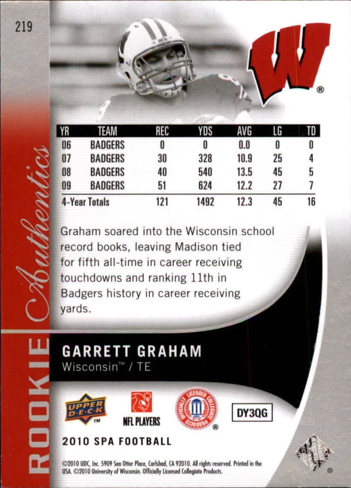 B2917- 2010 SP Authentic #219 Garrett Graham RC /999 SAMPLE PIC - Image 2 of 2