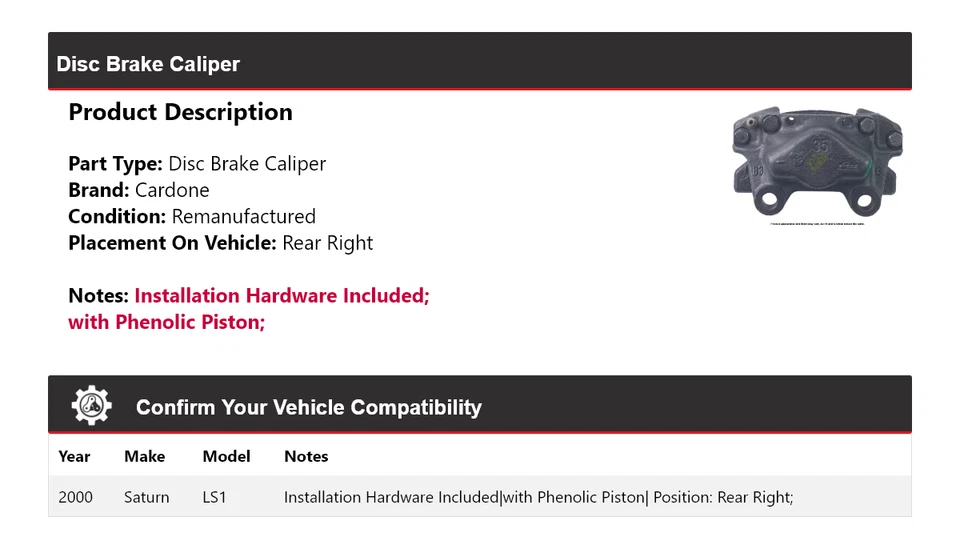 For 2000 Saturn LS1 Disc Brake Caliper Rear Right Cardone - Image 2 of 4