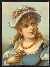 Victorian Trade Card Art - Woman in Blue Dress / Hat Holding Flower
